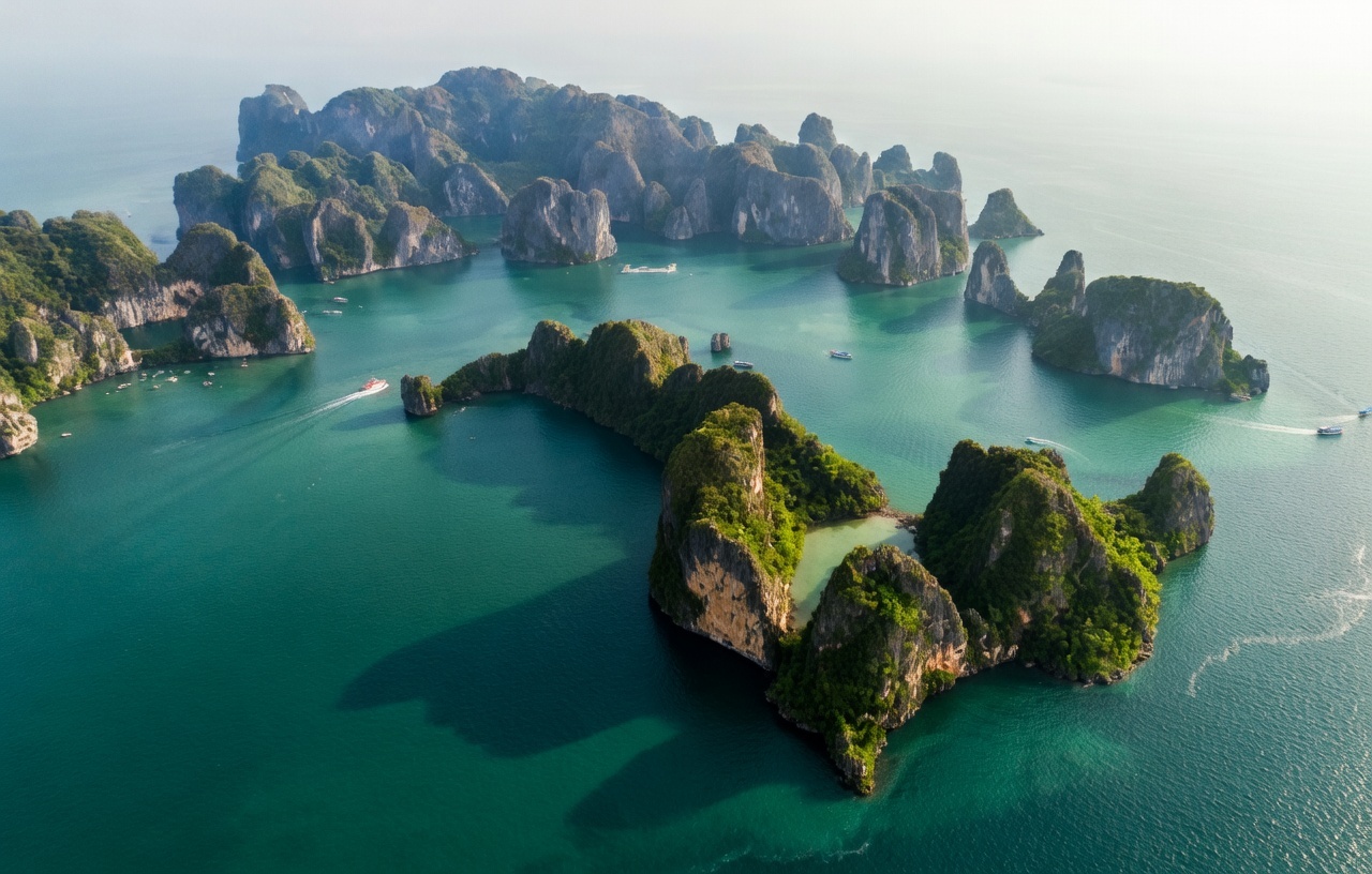 Ha Long Bay limestone islands rising from the emerald waters at sunset
